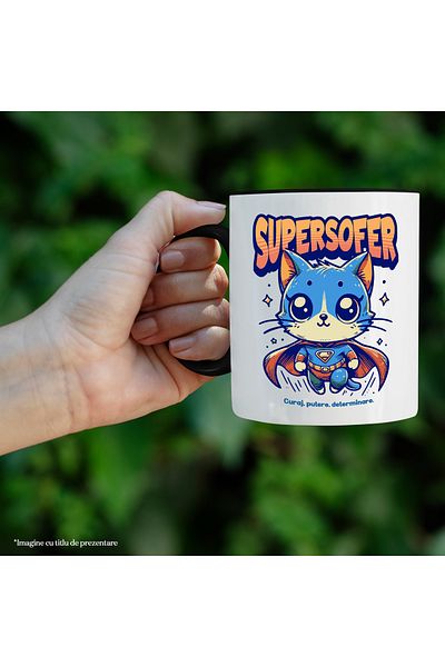 StoryGift Romania Super Driver Mug, Superhero, Flying Cat, 330ml, Ceramic with Black Handle, With Handle