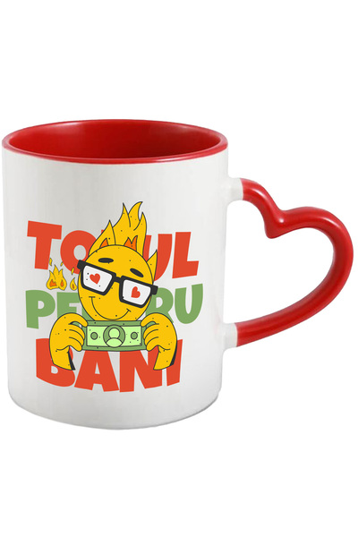 StoryGift Romania Cana Totul Pentru Bani Foc Zambitor Cu Bancnota , 330ml, Ceramica Cu Maner Inima, Cu ,stg