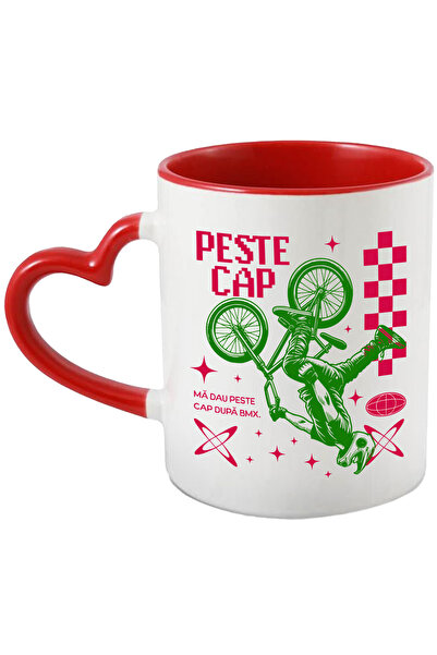 StoryGift Romania Cana Biker Scheme Peste Cap Bmx Sport, 330ml, Ceramica Cu Maner Inima Rosie, Cu Maner,stg