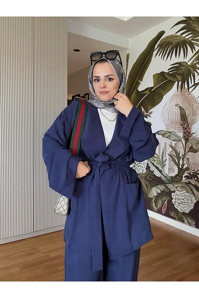 Aselim Hijap Moda Imported Woven Draped Jacket Belted Double Suit Navy Blue