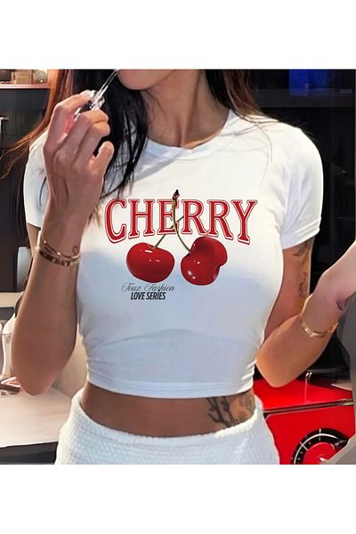 Touz Moda Μπλούζα Cherry Touz Love με εμπριμέ λευκό σώμα Crop