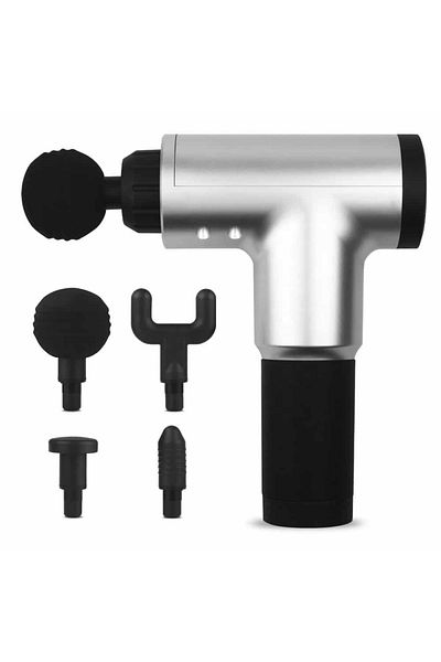 MACVI Aparat de Masaj Pistol Macvi® , Cu 4 Capete, 6 Trepte de Viteza, Autonomie 4 ore, 24W, 3400 RPM, Gri