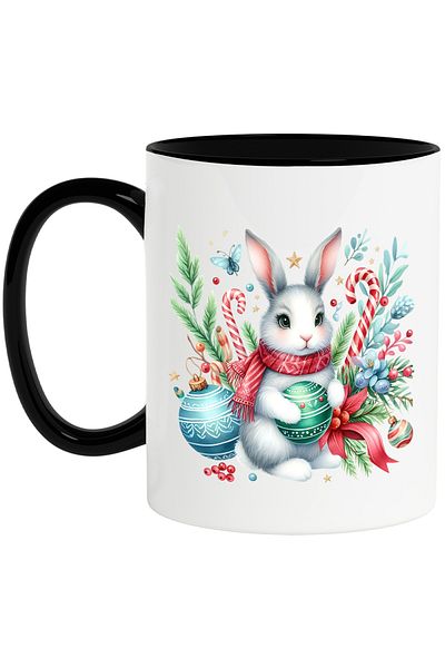 StoryGift Romania Mug with a bunny, illustration, Christmas balls, lollipops, mistletoe, scarf, Cra, With