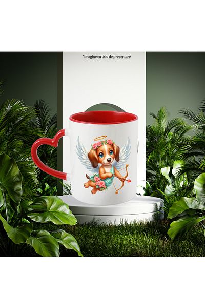 StoryGift Romania Mug with a cheerful puppy with green eyes shooting a bow | illustration | wings | , With ,STG .