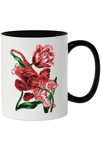 StoryGift Romania Mug With Flowers, Tulips, Tiger, Leaves, Asian, Animal, Multicolor 330 ml, Ceramics, With