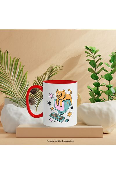 StoryGift Romania Mug With Cat, Computer, Monitor, Retro, Stars, Keyboard, Multicolor 330 ml, , With ,STG