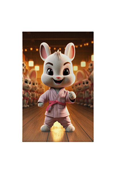 StoryGift Romania Tablou Canvas: Bebelusul Iepuras In Costum Roz Si Centura Invata Karate Inconjurat De Alti Iep