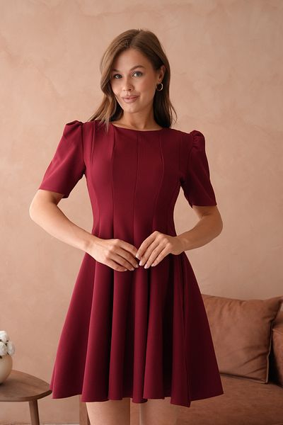 WOMAN VISION Women Short Sleeve Flared Cut Pile Design Stylish Burgundy Mini Dress 2199