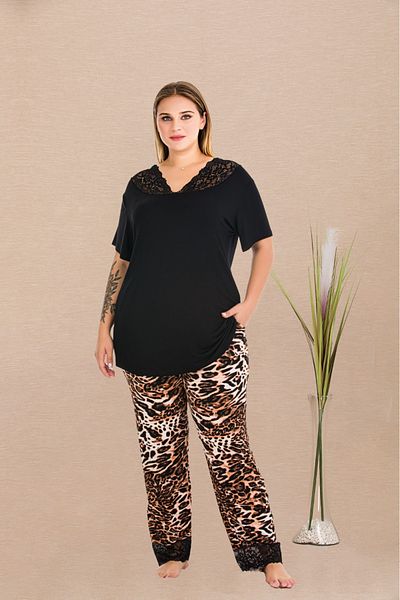 Lady Lingerie Set de pijamale supradimensionate pentru femei, cu mâneci scurte, decolteu în V, imprimeu leopard