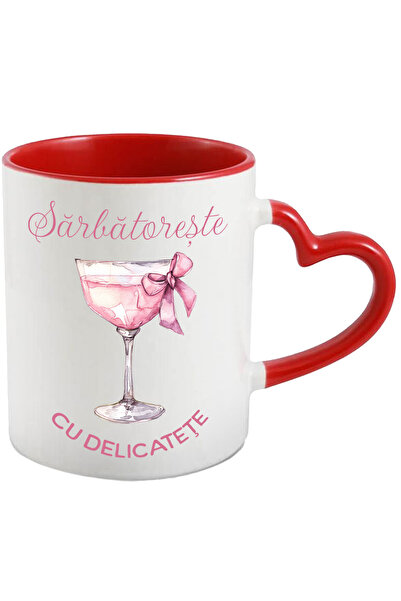 StoryGift Romania Cana Sarbatoreste Cu Delicatete Pahar Roz Sampanie , 330ml, Ceramica Cu Maner In, Cu ,stg