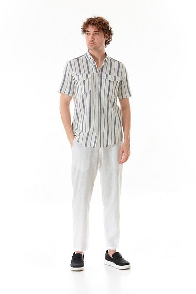 Fulla Moda Regular Fit Linen Trousers with Elastic Waist and Pockets