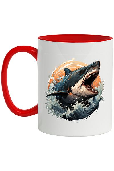 StoryGift Romania Shark Mug, Teeth, Waves, Ocean, Water, Sunset, Animal, Multicolor 330 ml, Wax, With
