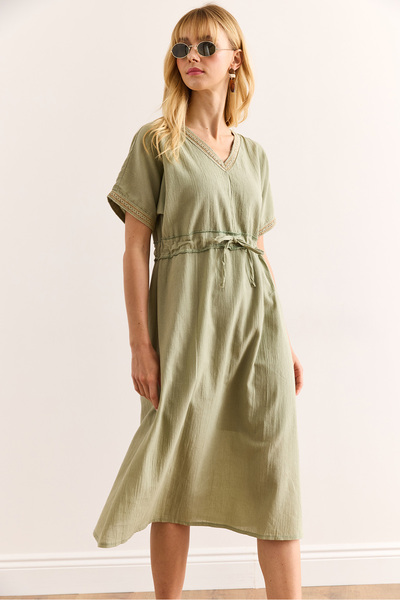 Olalook Women's Khaki Waist Lace Lined Guipure Detailed Midi Linen Dress Elb-19002419