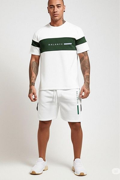 NO 601 Men's Green-White Scuba Piece Tshirt Balance Printed Shorts Suit