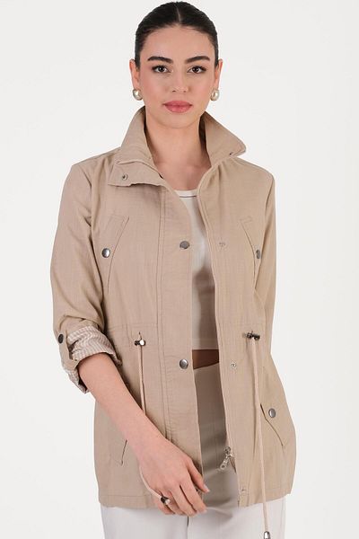 Spazio Oriente stand collar zipper snap coat beige