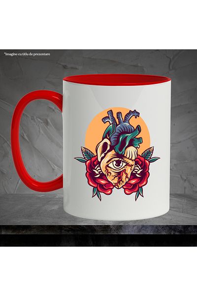 StoryGift Romania Mug With Heart, Eyes, Flowers, Leaves, Sun, Veins, Retro, Multicolor 330 ml, Ceram, With ,STG