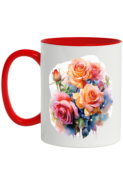 StoryGift Romania Cana Cu Flori, Buchet De Trandafiri, Watercolor, Frunze, Mu...