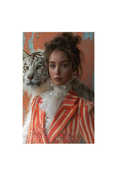 StoryGift Romania Canvas Painting The Tiger Trainer, A Girl Dressed in a White Shirt with an Orange Jacket and a T
