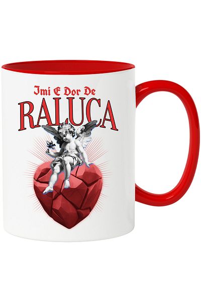 StoryGift Romania Mug with Angel with Wings and Flowers on a Stone Heart text I Miss Raluca, Heaven, With