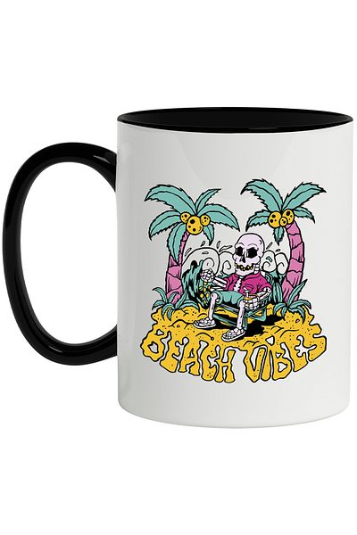 StoryGift Romania Beach Vibes Mug, Sand, Skeleton, Palm Trees, Waves, Coins, Multicolor 330 ml, Cu