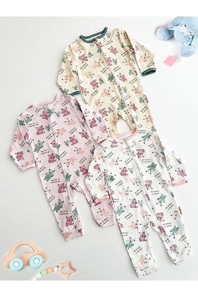 DEFNE LİNA BABY Baby Girl Printed Cotton Cuffed 3-Piece Jumpsuit Set Colorful Patterned 9-12-18 Months Baby Outfit