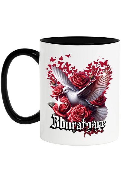 StoryGift Romania Mug Dove among roses flying love, 330ml, Ceramic with Black Handle, With