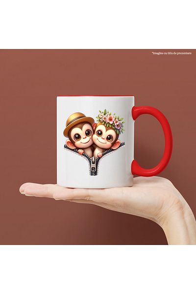 StoryGift Romania Mug with 2 monkeys, illustration, crowded, zipper, friendship, floral wreath, With,STG
