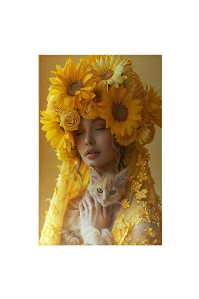 StoryGift Romania Tablou Canvas Yellow Girl Cu Floricele Pe Palarie Cu Ochii ...