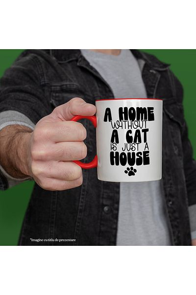 StoryGift Romania Cana Cu Textul ""acasa" Fara O Pisica Este Doar O Casa" - Felina Cu Maner Rosu, Cu Ma,stg