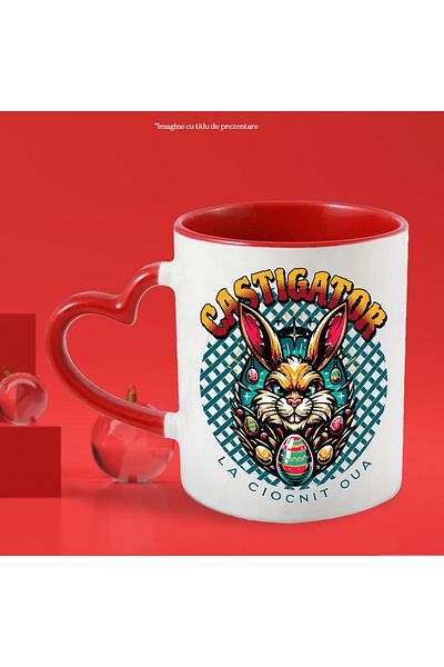 StoryGift Romania Cana Castigator La Ciocnit Oua Iepure Paste, 330ml, Ceramica Cu Maner Inima Rosi, Cu ,stg