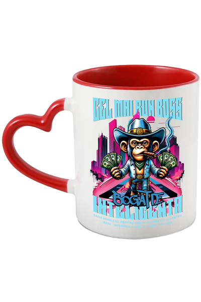 StoryGift Romania Cana Cel Mai Bun Boss, 330ml, Ceramica Cu Maner Inima Rosie...