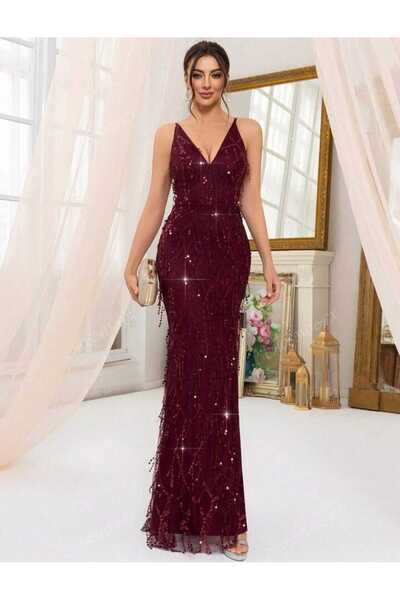 MODAS ASKILI V YAKA SAÇAKLI PUL PAYET ABİYE ELBİSE