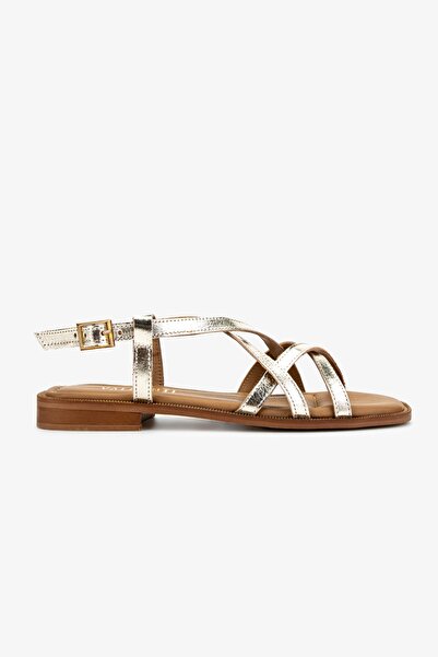 Valmenti Kadın Hakiki Deri Altın Rugan Düz Sandalet