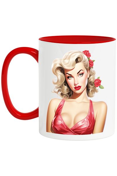 StoryGift Romania Mug with a beautiful, blonde woman, roses in her hair, illustration, retro style, ve, With