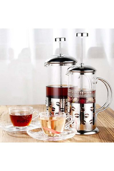 PUFO Infuzor de fasole din sticlă borosilicată cu mâner și sită tip presare, 1 l