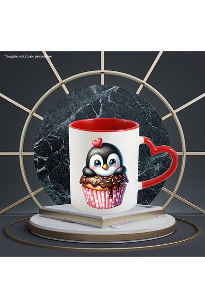 StoryGift Romania Mug with a penguin sitting in a muffin, illustration, heart, sweet, cake, With ,STG