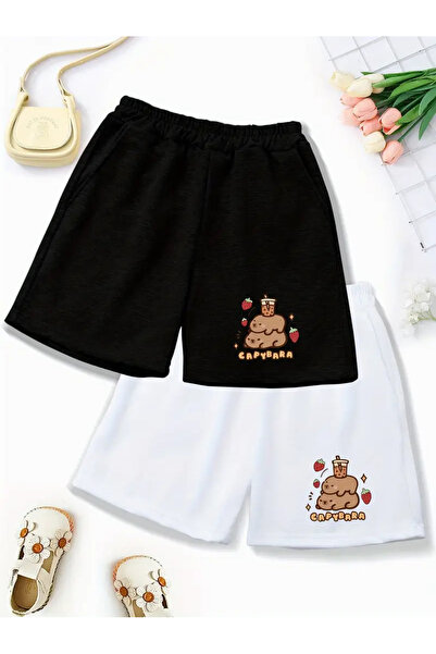 LOUİSA Girl's 2 Pack Capybara Printed Black-White Combed Cotton Shorts