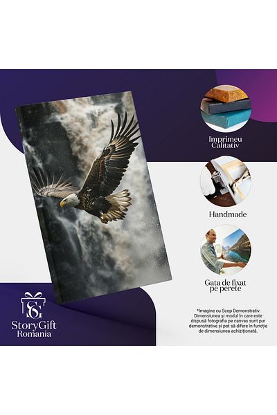 StoryGift Romania Tablou Canvas: Zborul Liber Al Vulturului Deasupra Cascadei Adânci Stropi De Apă Rece Pictura D