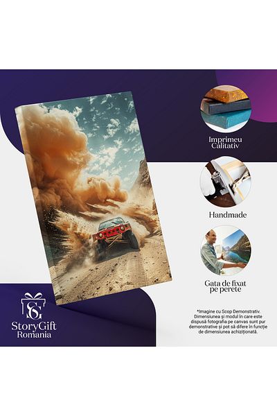 StoryGift Romania Tablou Canvas: Masina Rosie De Teren In Desert Care Merge Cu Viteza Provocand Praf In Urma Pi