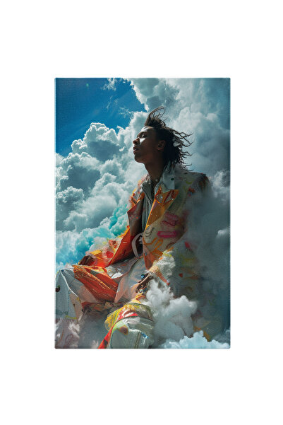 StoryGift Romania Tablou Canvas: Femeie Mulatra In Costum Alb Cu Multe Culori In Peisaj De Nori Albi Pufosi Asez