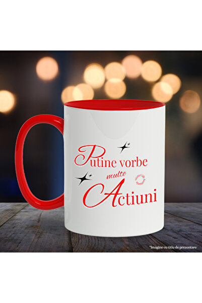 StoryGift Romania Motivational Text Mug Few Words Many Actions, 330ml, Ceramic with Red Handle, With M,STG.