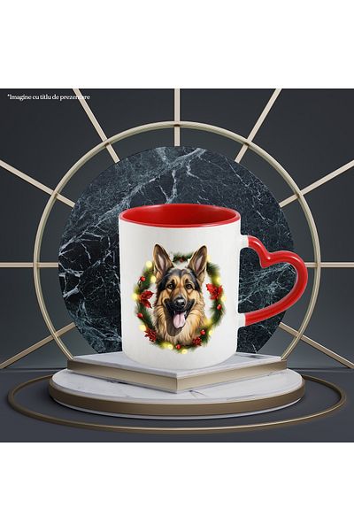 StoryGift Romania Mug with a happy wolf dog, illustration, crown, mistletoe, globules, leaves, Serbian, With ,STG