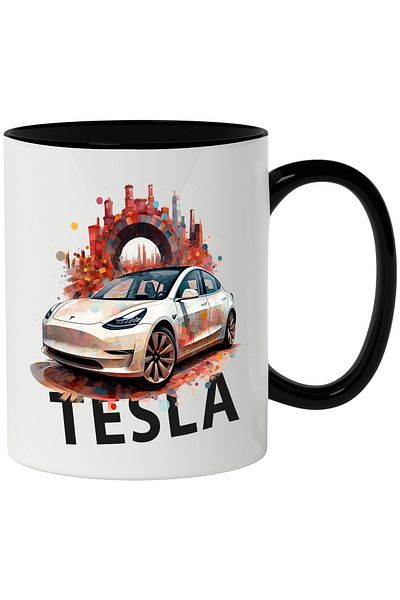 StoryGift Romania Mug With Car, Tesla, Electric, City, Gate, Mosaic, Multicolor 330 ml, Ceram, With