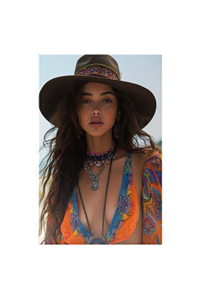 StoryGift Romania Tablou Canvas Tanara Cu Palarie Si Par Lung Saten Cu Cercei Si Colier La Gat Cu Ochii Luminosi