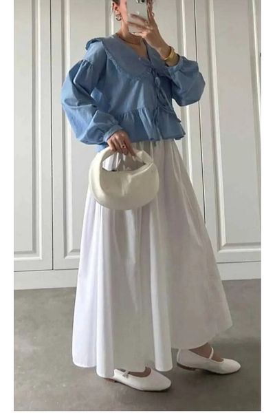 DENİKK Women's Trend Long Skirt with Elastic Waist Pocket