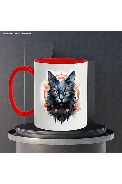 StoryGift Romania Cat Mug, Geometric, Circle, Flowers, Fantasy, Runes, Multicolor 330 ml, Ceramics, With