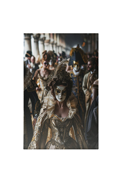 StoryGift Romania Tablou Canvas: Balul Mascat, Fata Cu O Masca Alba Pe Fata Si In Rochie Aurie Cu Ochii Albastri