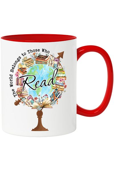 StoryGift Romania Mug with many stacks of books around the Earth with the message "The world belongs, With