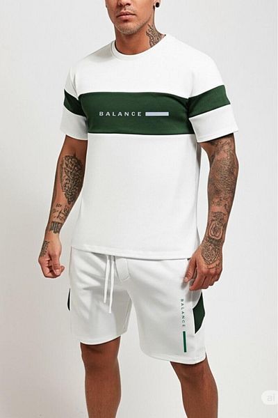 NO 601 Men's Green-White Scuba Piece Tshirt Balance Printed Shorts Suit
