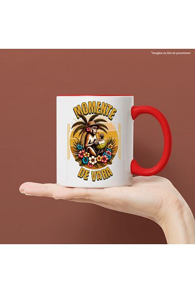 StoryGift Romania Cana Momente De Vara Maimuta Cu Nuca De Cocos, 330ml, Ceramic Cu Maner Rosu, Cu Maner,stg